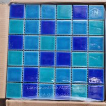 Gạch Mosaic gốm men rạn 1 lớp ốp hồ bơi màu xanh trộn màu 4871