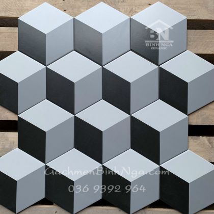 Gạch lục giác 3D lát nền bếp màu xám hình lập phương  