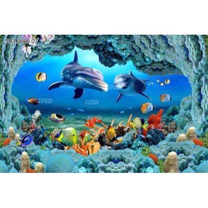 Gạch tranh 3D cá heo xanh - Tranh dán tường  