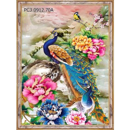 Gạch tranh 3D chim công song phụng trên khóm hoa mẫu đơn 