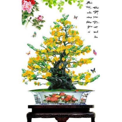 Gạch tranh 3D treo tường-Mai vàng tạo dáng Bonsai đẹp 
