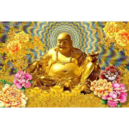Gạch tranh Tượng phật cầm vàng viền hoa mẫu đơn 