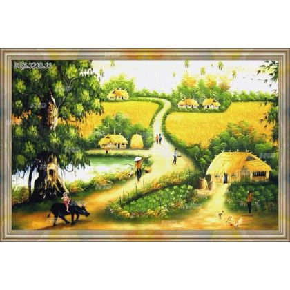 Tranh đồng quê cậu bé chăn trâu thổi sáo 