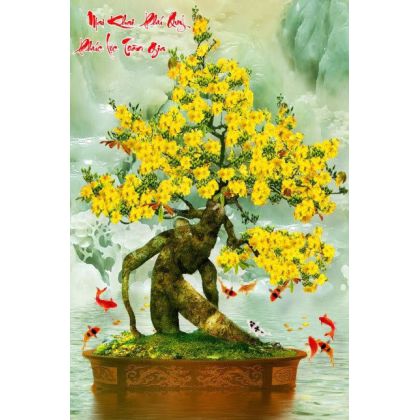 Tranh gạch Mai vàng bonsai bên đàn cá-cửu ngư quần hội 