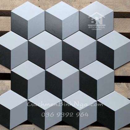 Gạch lục giác 3D lát nền bếp màu xám hình lập phương 