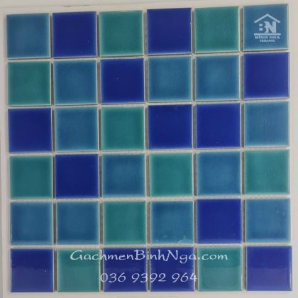 Gạch Mosaic gốm men rạn 1 lớp ốp hồ bơi màu xanh trộn màu 4871