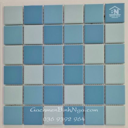 Gạch hồ bơi Mosaic gốm men trơn mix xanh biển viên 48x48