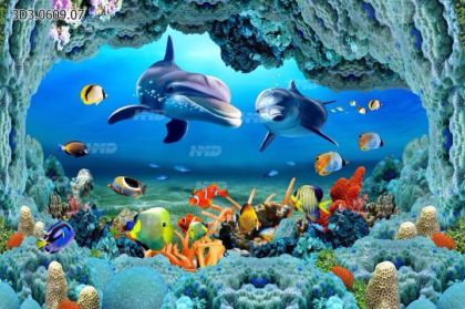 Gạch tranh 3D cá heo xanh - Tranh dán tường 
